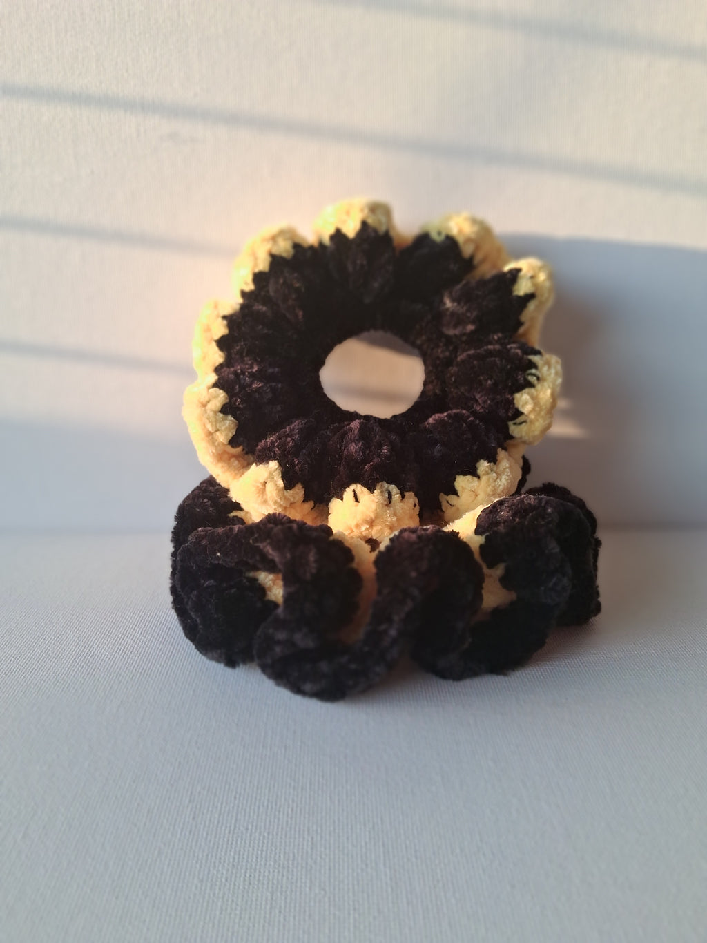 Yellow Velvet Scrunchie with Black Trim - Handmade Crochet Hair Tie
