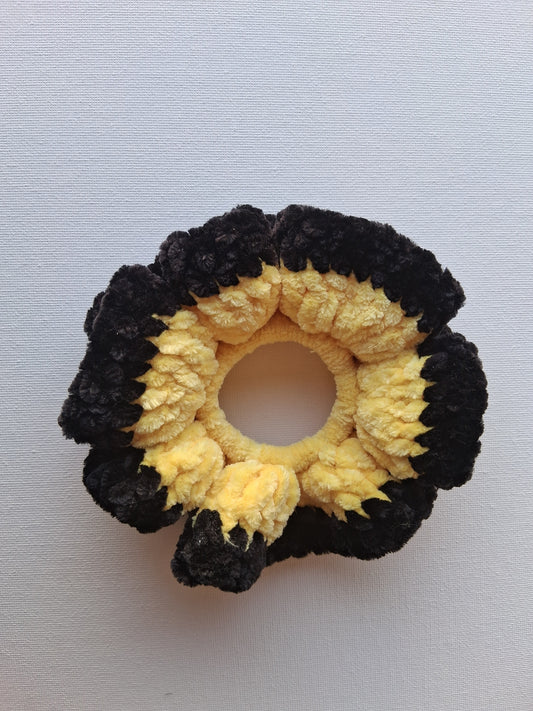 Yellow Velvet Scrunchie with Black Trim - Handmade Crochet Hair Tie
