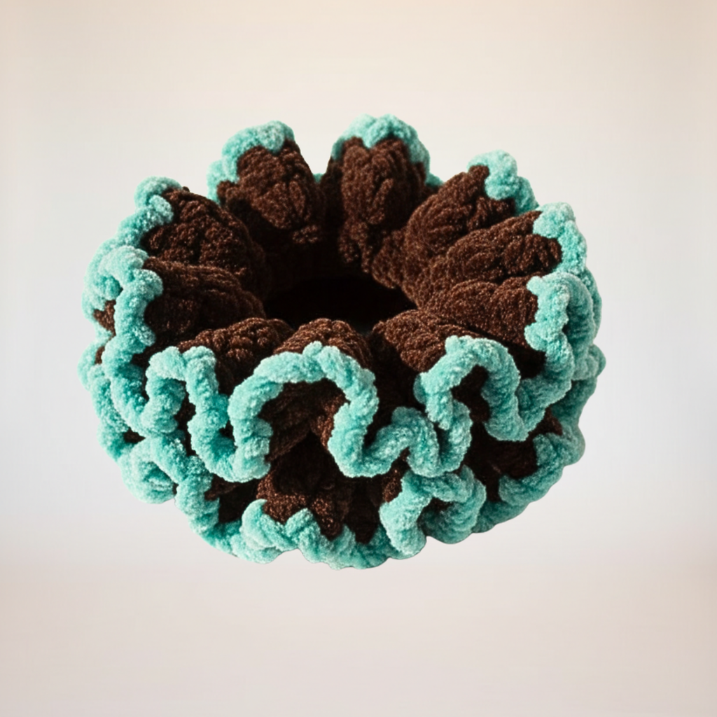 Jumbo Chocolate Brown & Teal Crochet Scrunchie | Oversized Chenille Hair Tie
