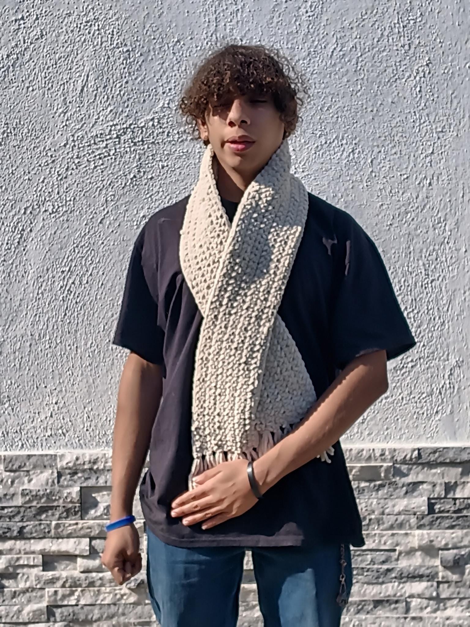 Handmade Cream Chenille Scarf – Soft Cozy Winter Scarf for Men & Women, Crochet Fringe Wrap, Plush Warm Unisex Gift, Thick Knit Cold Weather