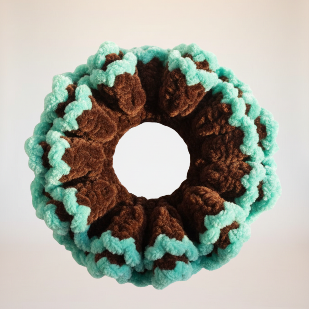 Jumbo Chocolate Brown & Teal Crochet Scrunchie | Oversized Chenille Hair Tie
