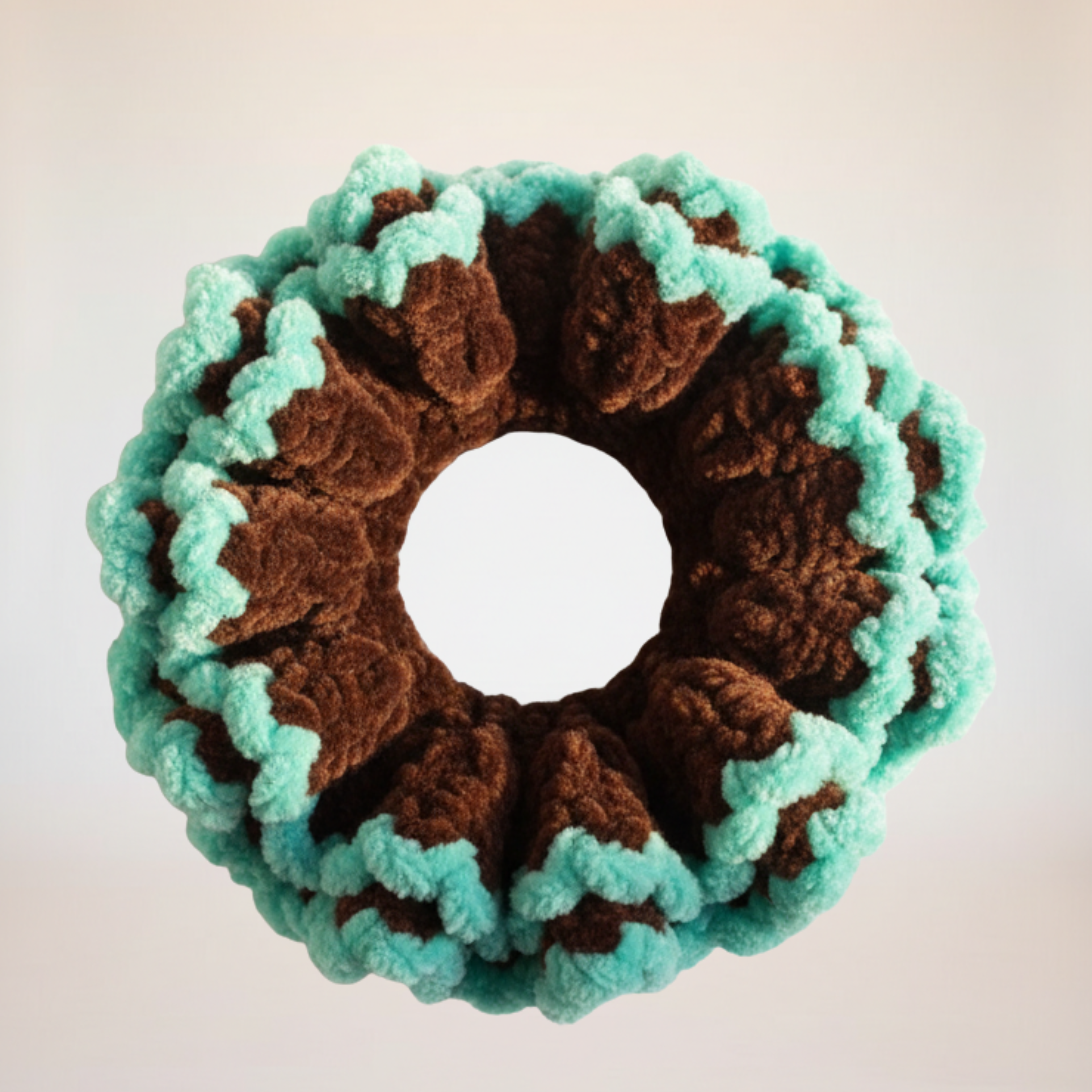 Jumbo Chocolate Brown & Teal Crochet Scrunchie | Oversized Chenille Hair Tie