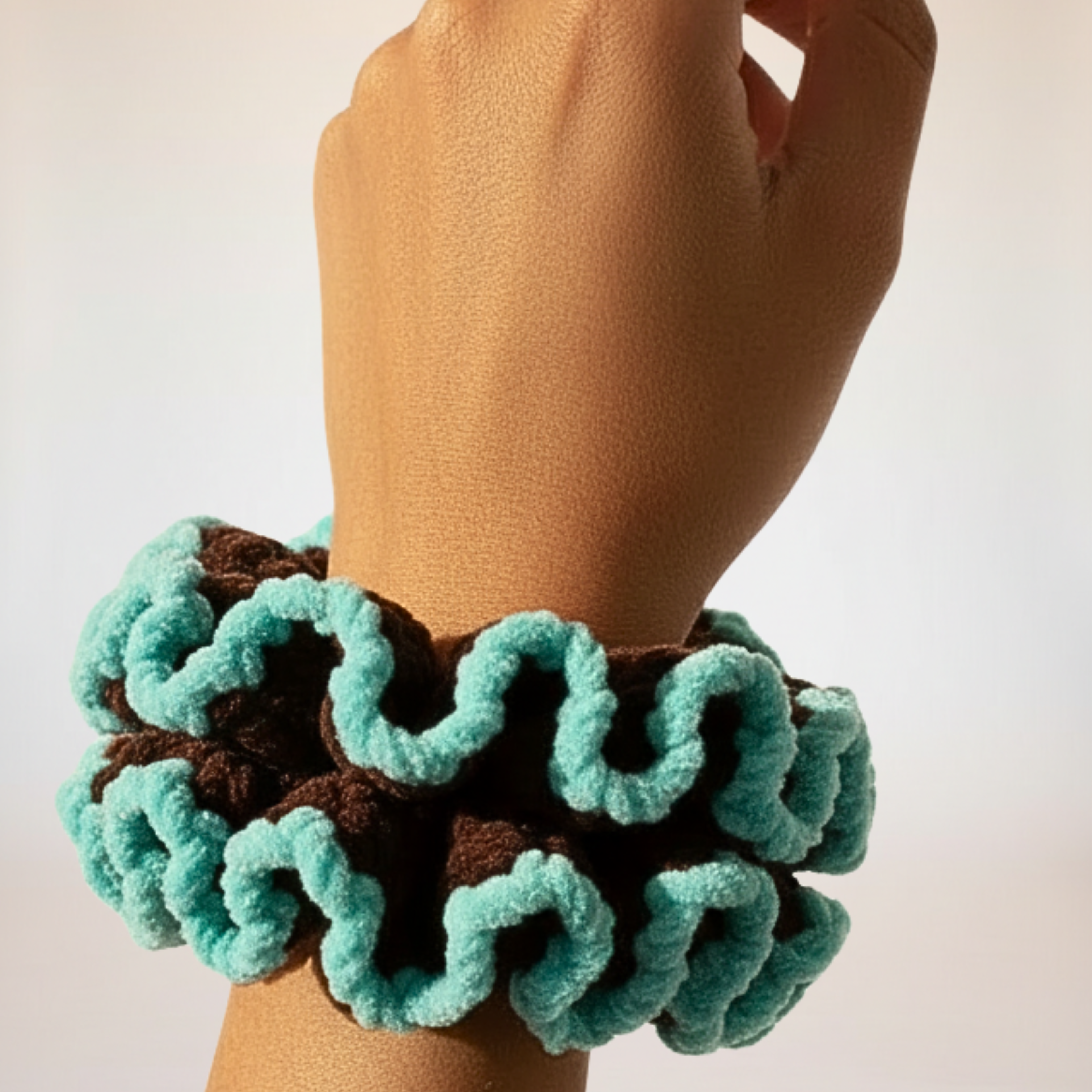 Jumbo Chocolate Brown & Teal Crochet Scrunchie | Oversized Chenille Hair Tie