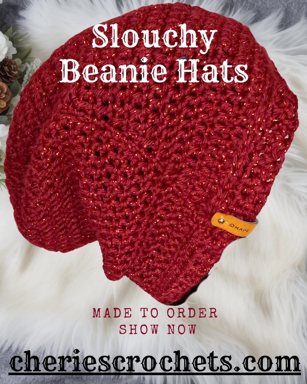 Shimmer Red Slouchy Beanie – Handmade Textured Winter Hat for Women or Men