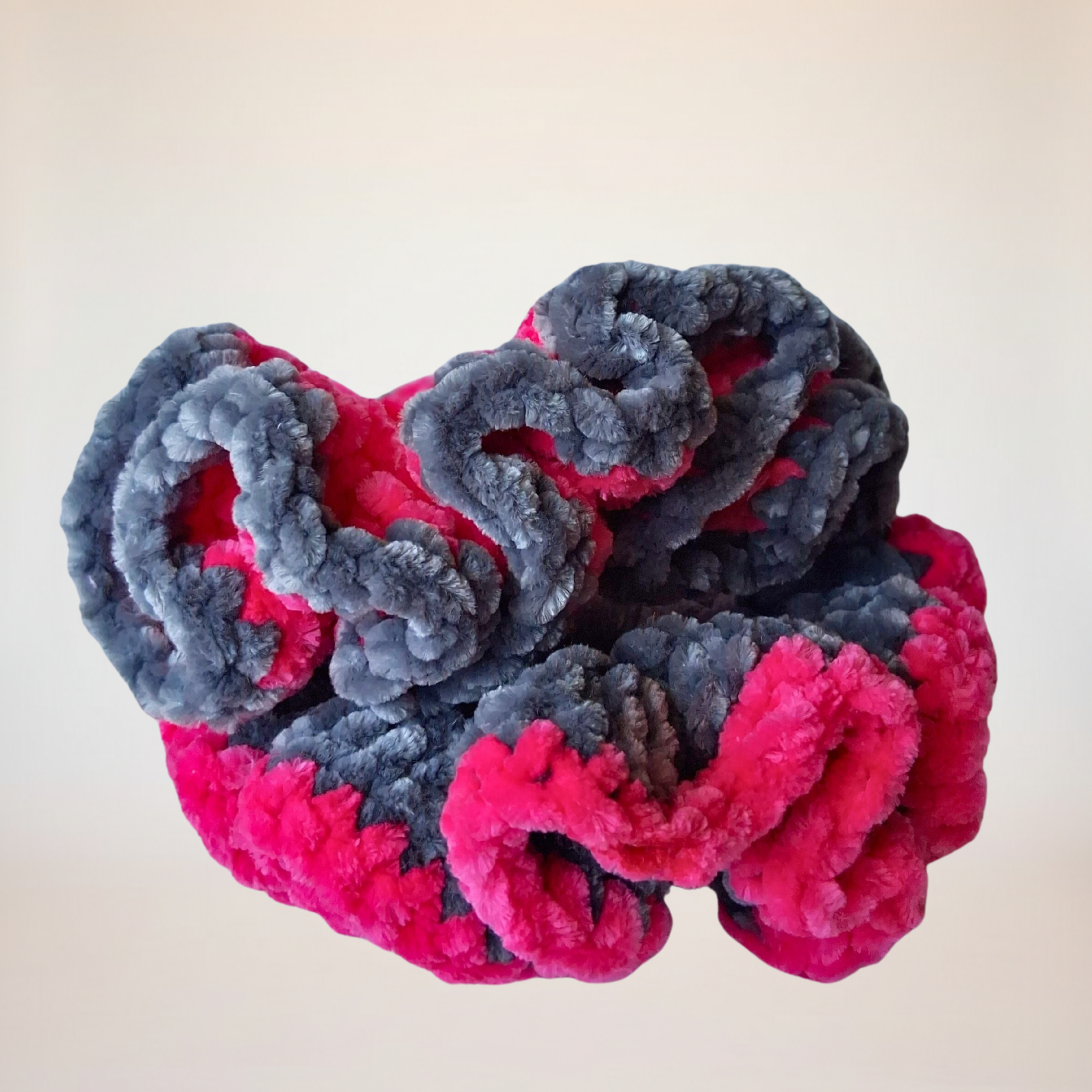 Charcoal Grey Velvet Scrunchie with Hot Pink Trim - Handmade Crochet Hair Tie