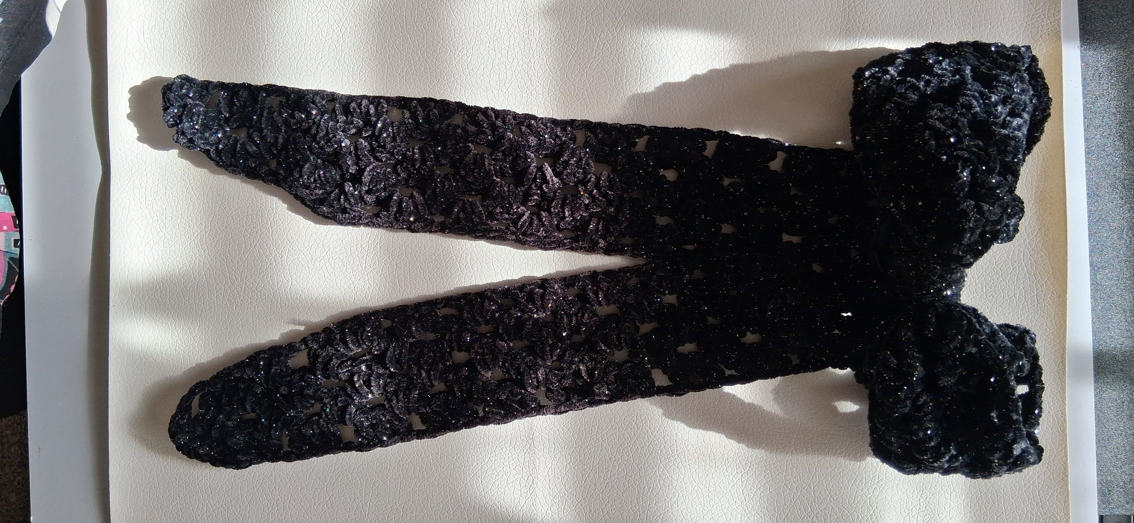 Sparkling Black Velvet Crochet Hair Bow - Silver Shimmer