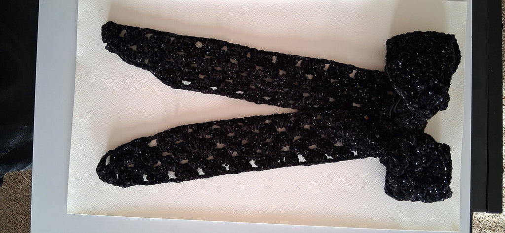 Sparkling Black Velvet Crochet Hair Bow - Silver Shimmer