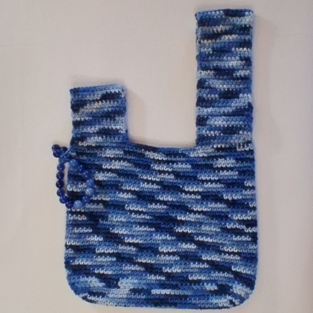 Japanese Knot Bag- Blue Jean Cotton Crochet+Glass Beads, Small