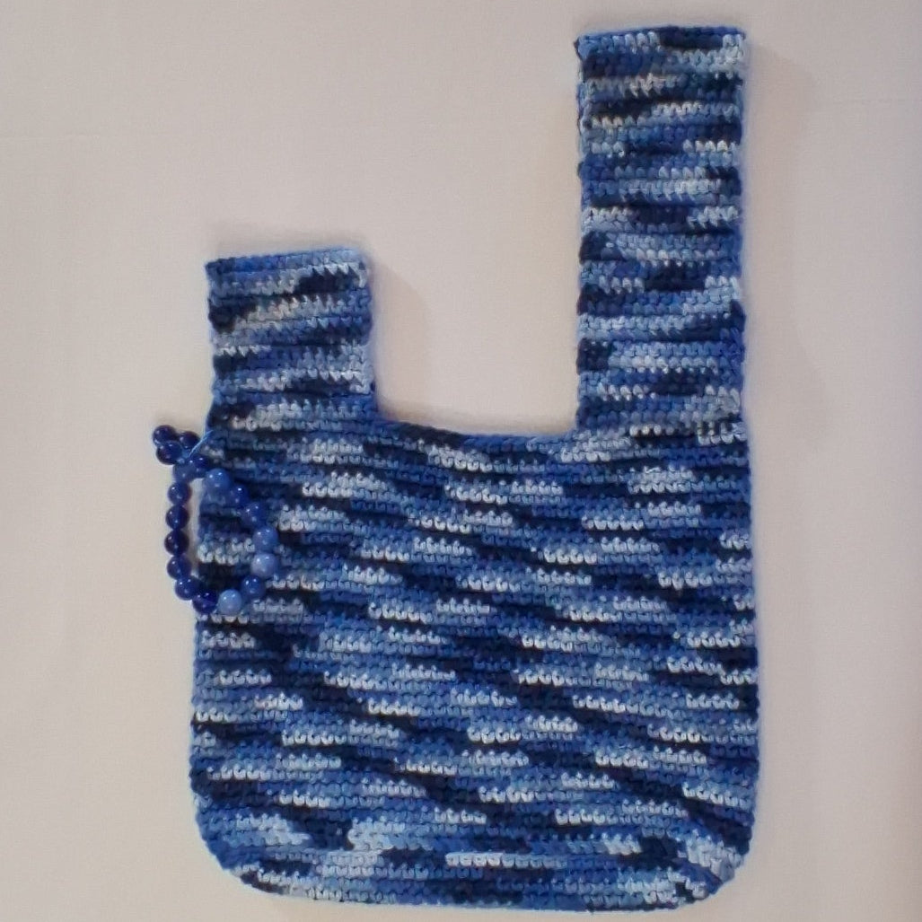 Japanese Knot Bag- Blue Jean Cotton Crochet+Glass Beads, Small