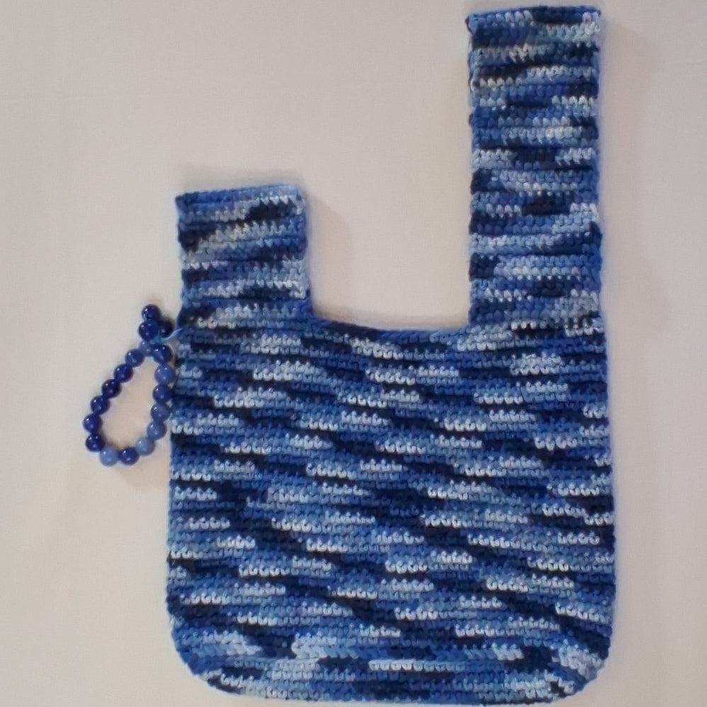 Japanese Knot Bag- Blue Jean Cotton Crochet+Glass Beads, Small