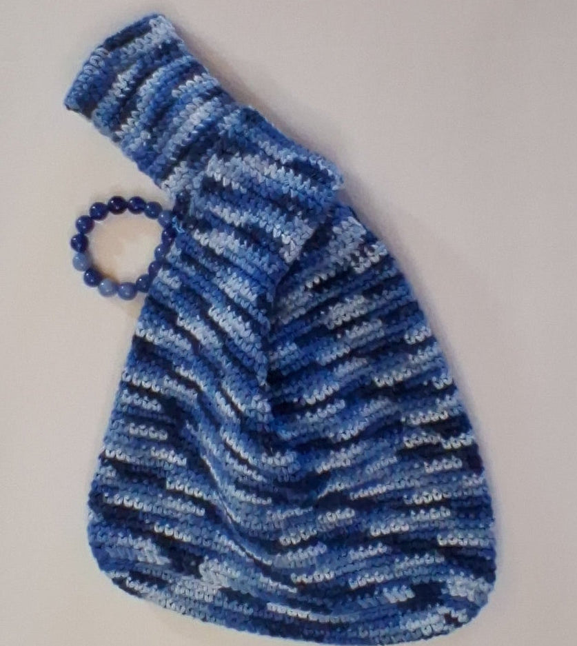 Japanese Knot Bag- Blue Jean Cotton Crochet+Glass Beads, Small
