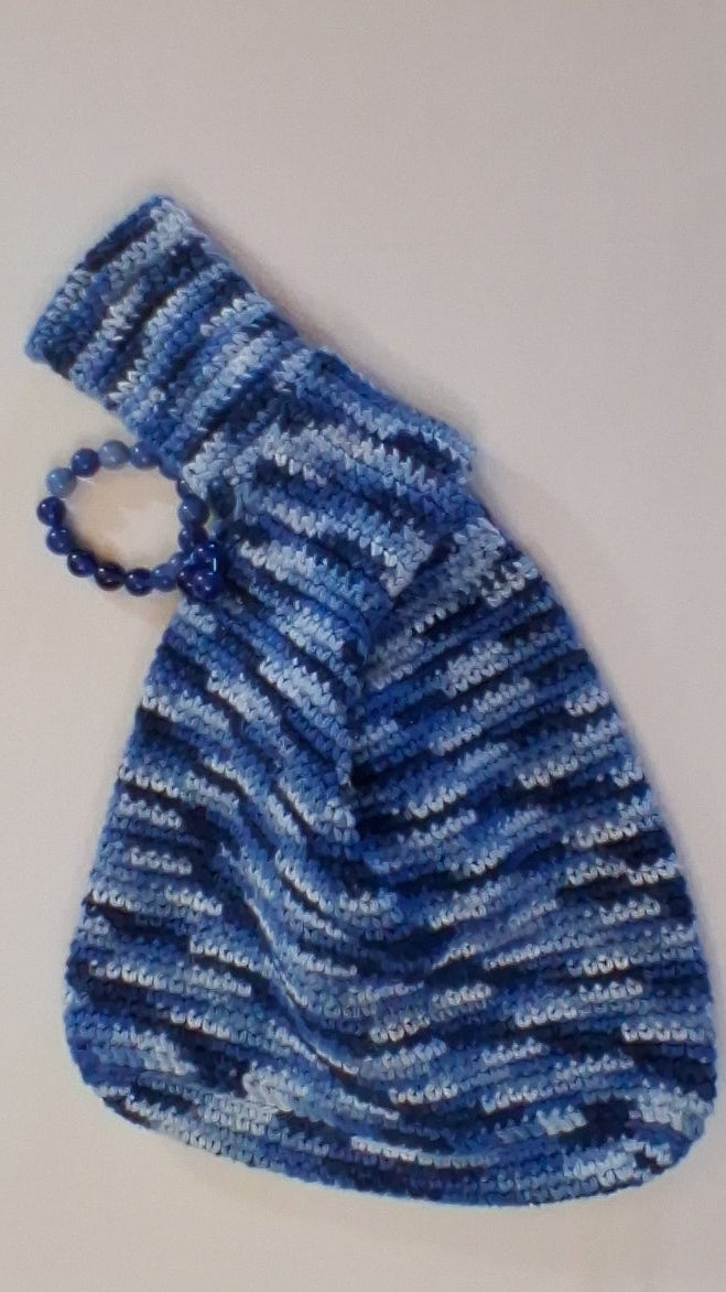 Japanese Knot Bag- Blue Jean Cotton Crochet+Glass Beads, Small
