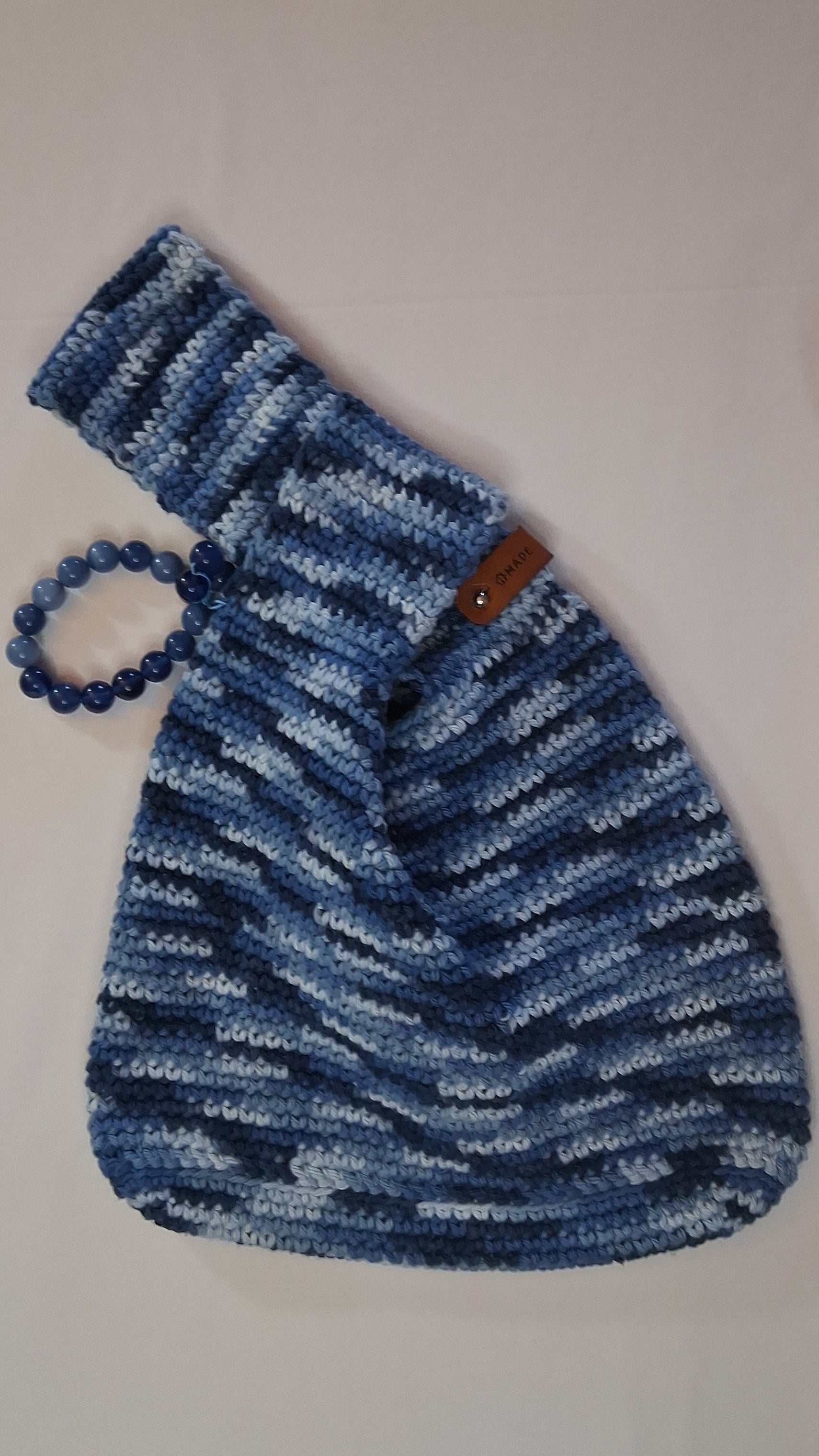 Japanese Knot Bag- Blue Jean Cotton Crochet+Glass Beads, Small