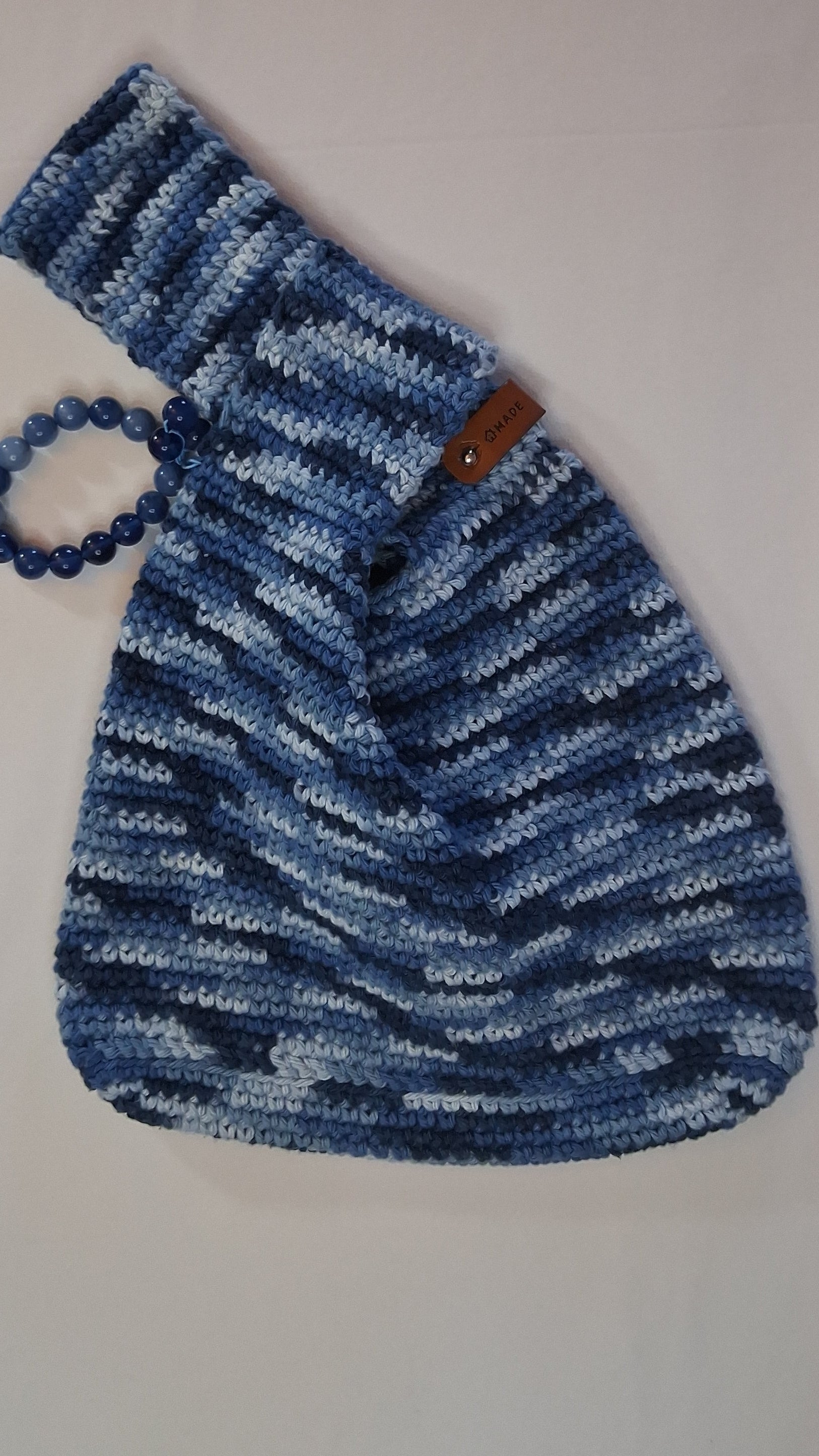 Japanese Knot Bag- Blue Jean Cotton Crochet+Glass Beads, Small
