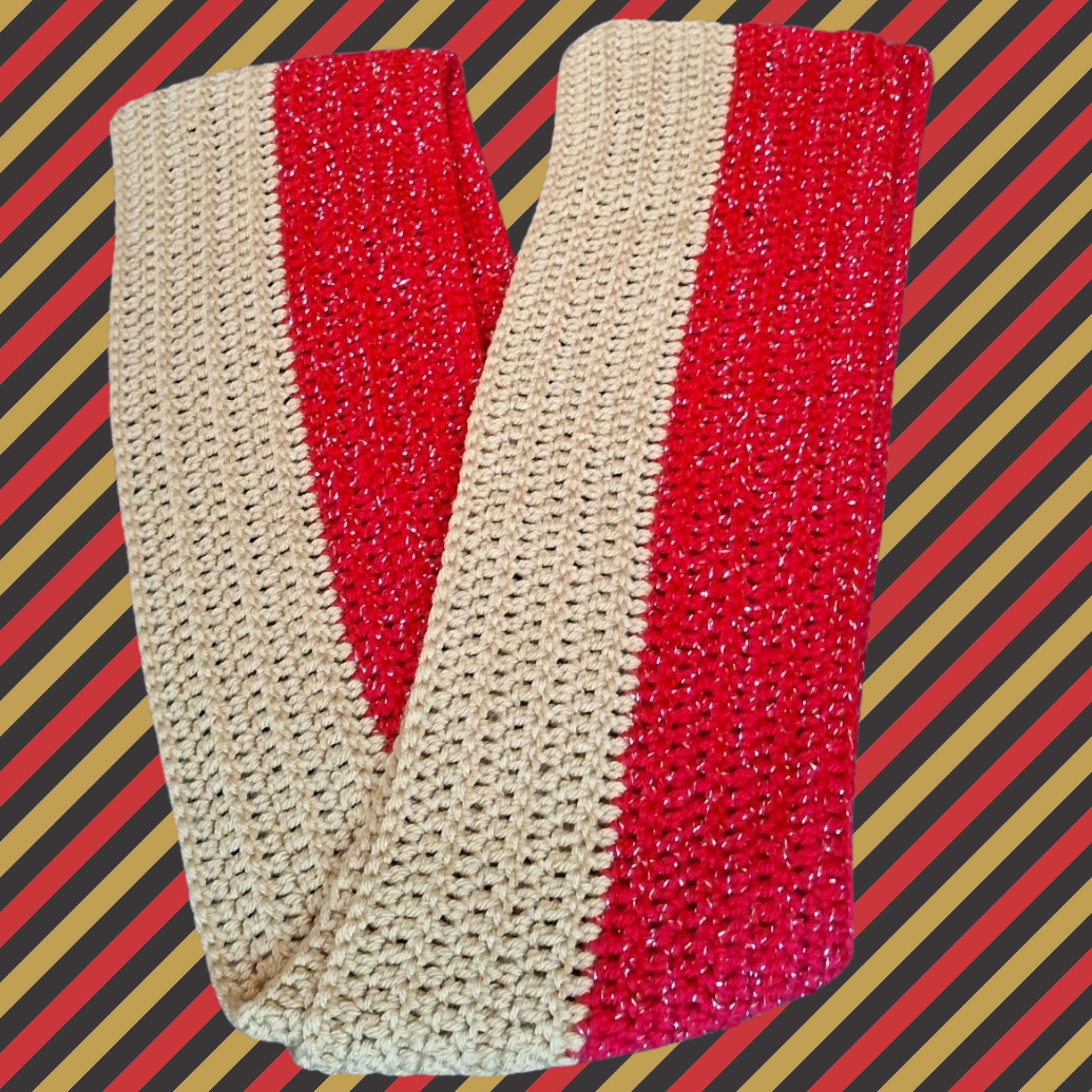 Extra Long Red & Gold Sparkle Scarf – Handmade Wide Acrylic Football Fan Accessory – 49ers Inspired