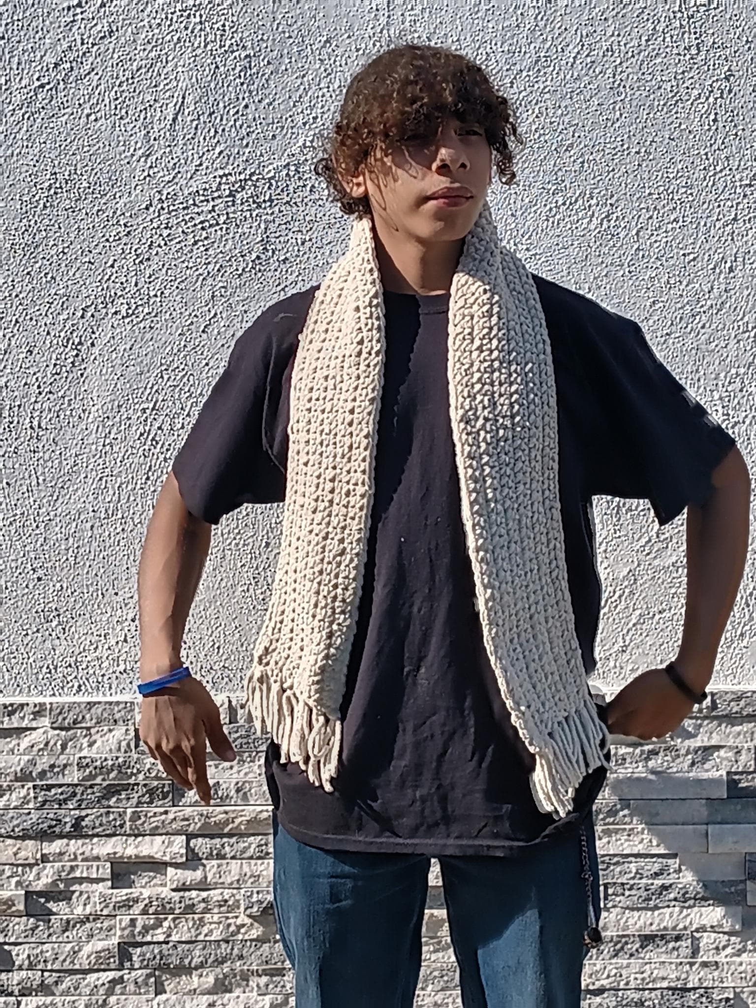 Handmade Cream Chenille Scarf – Soft Cozy Winter Scarf for Men & Women, Crochet Fringe Wrap, Plush Warm Unisex Gift, Thick Knit Cold Weather
