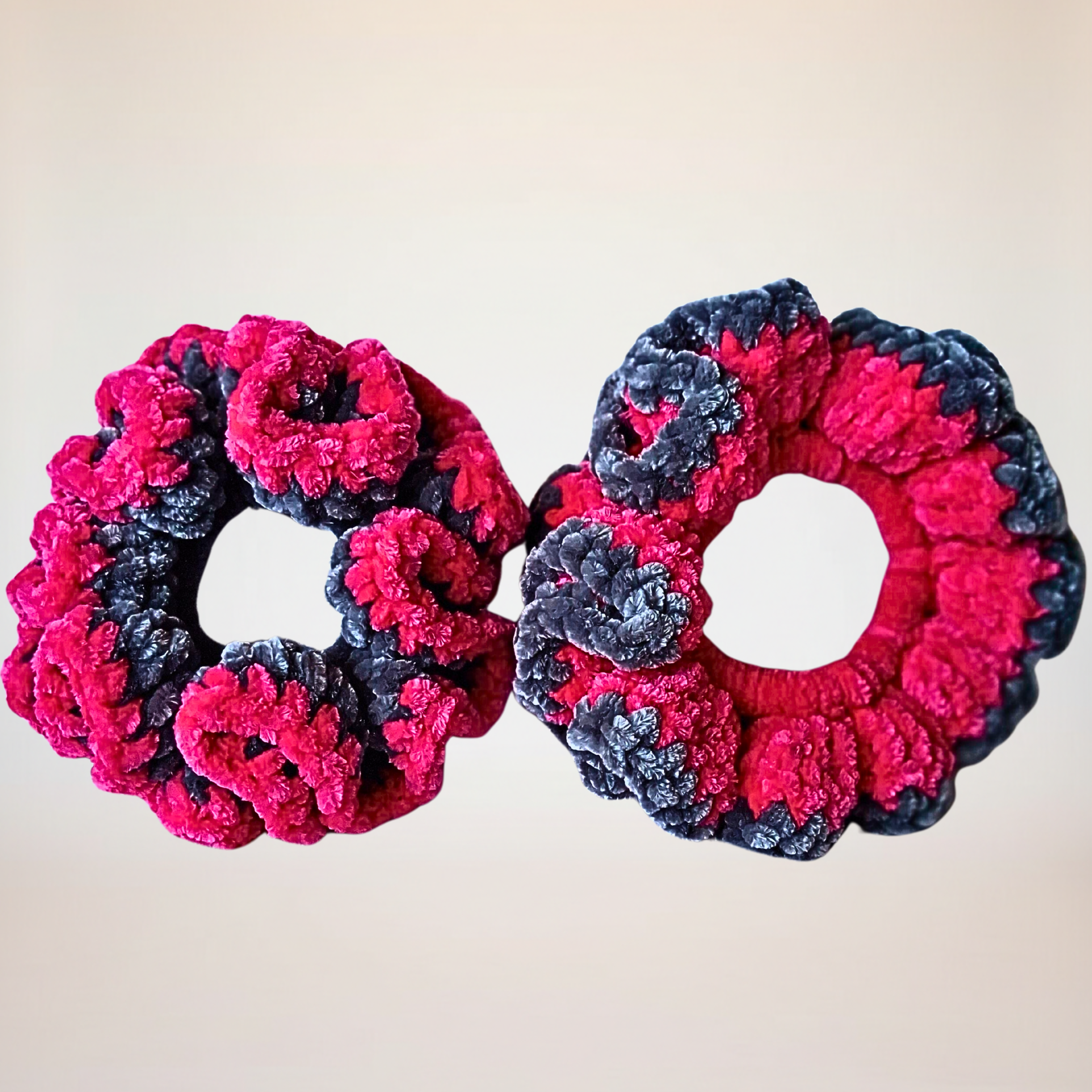 Charcoal Grey Velvet Scrunchie with Hot Pink Trim - Handmade Crochet Hair Tie