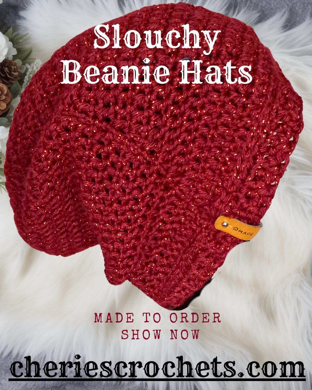 Shimmer Red Slouchy Beanie – Handmade Textured Winter Hat for Women or Men