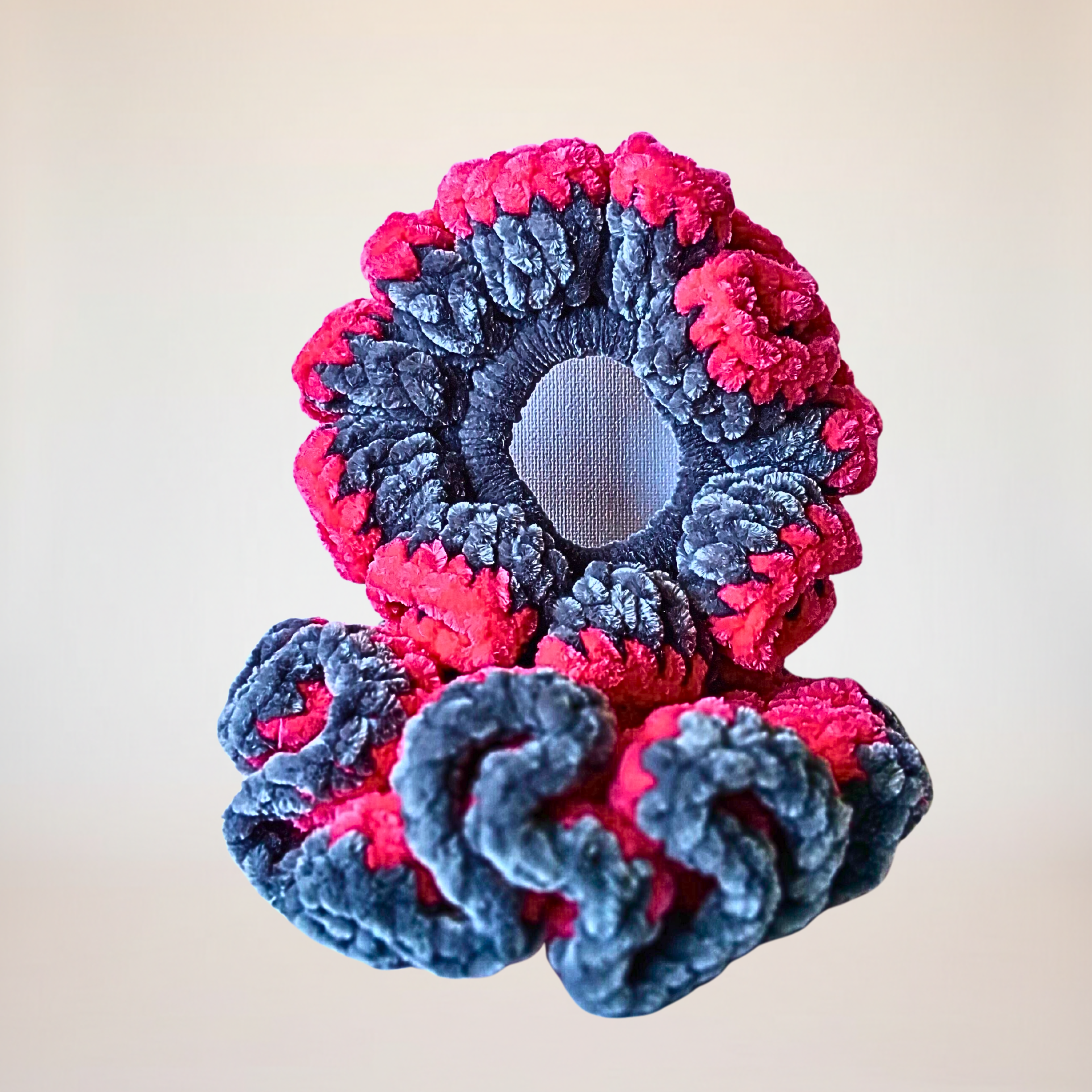 Charcoal Grey Velvet Scrunchie with Hot Pink Trim - Handmade Crochet Hair Tie