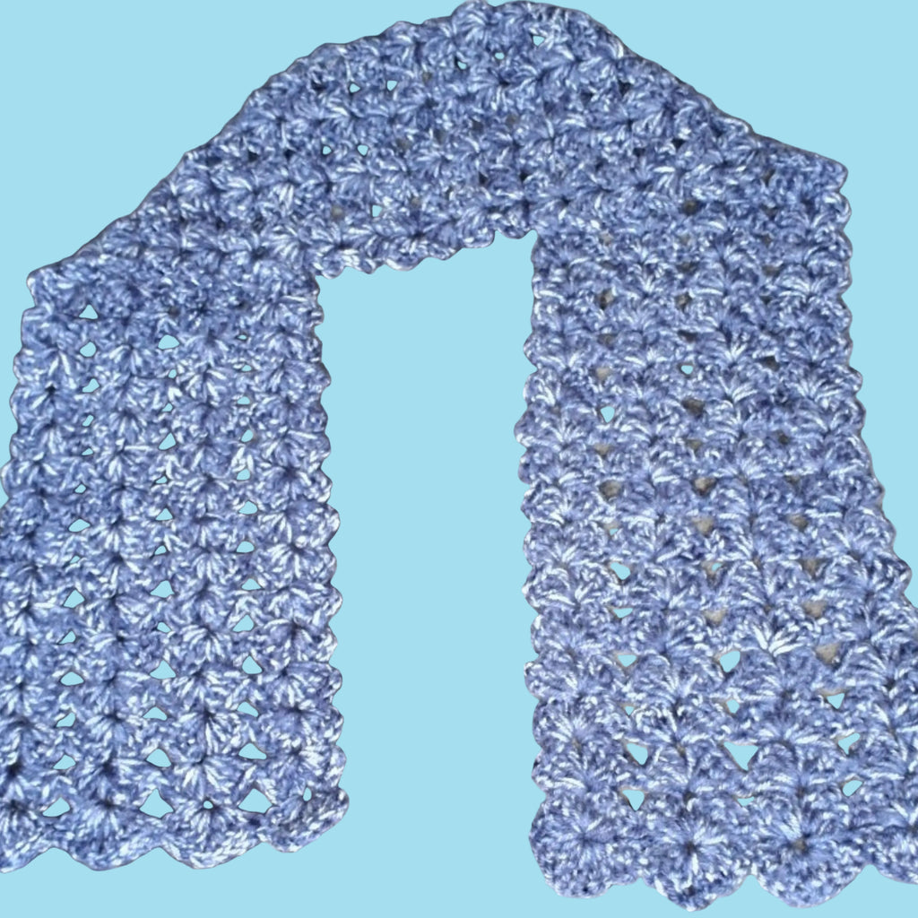 Denim Blue Kids Crochet Scarf – Handmade Soft Acrylic Shell Stitch – Unisex Winter Accessory