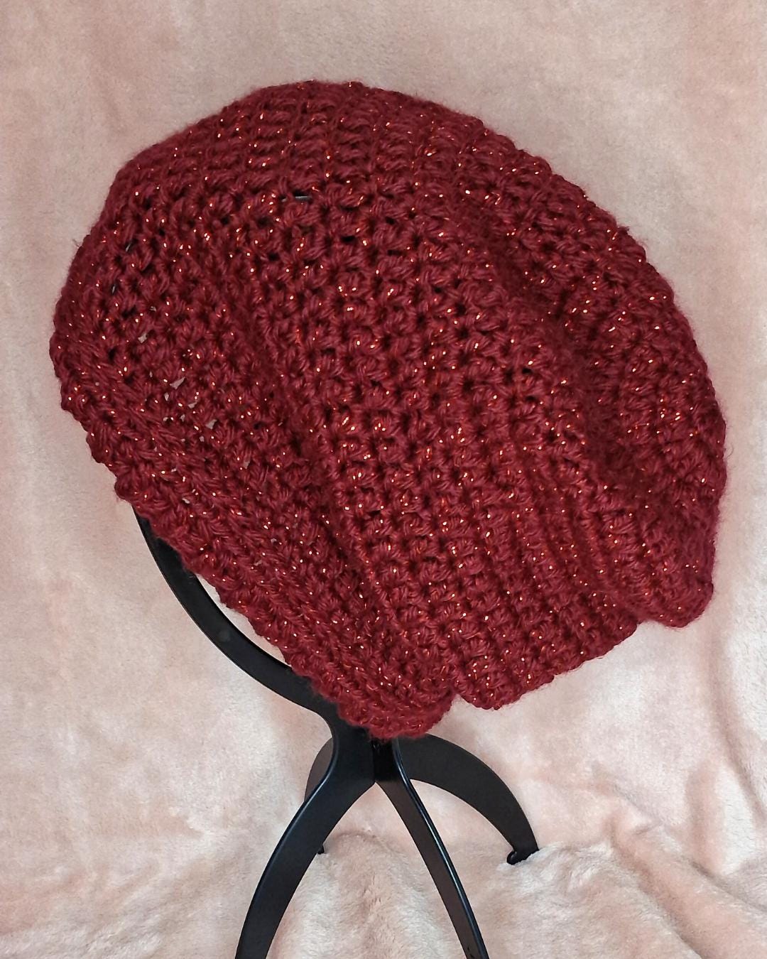 Shimmer Red Slouchy Beanie – Handmade Textured Winter Hat for Women or Men