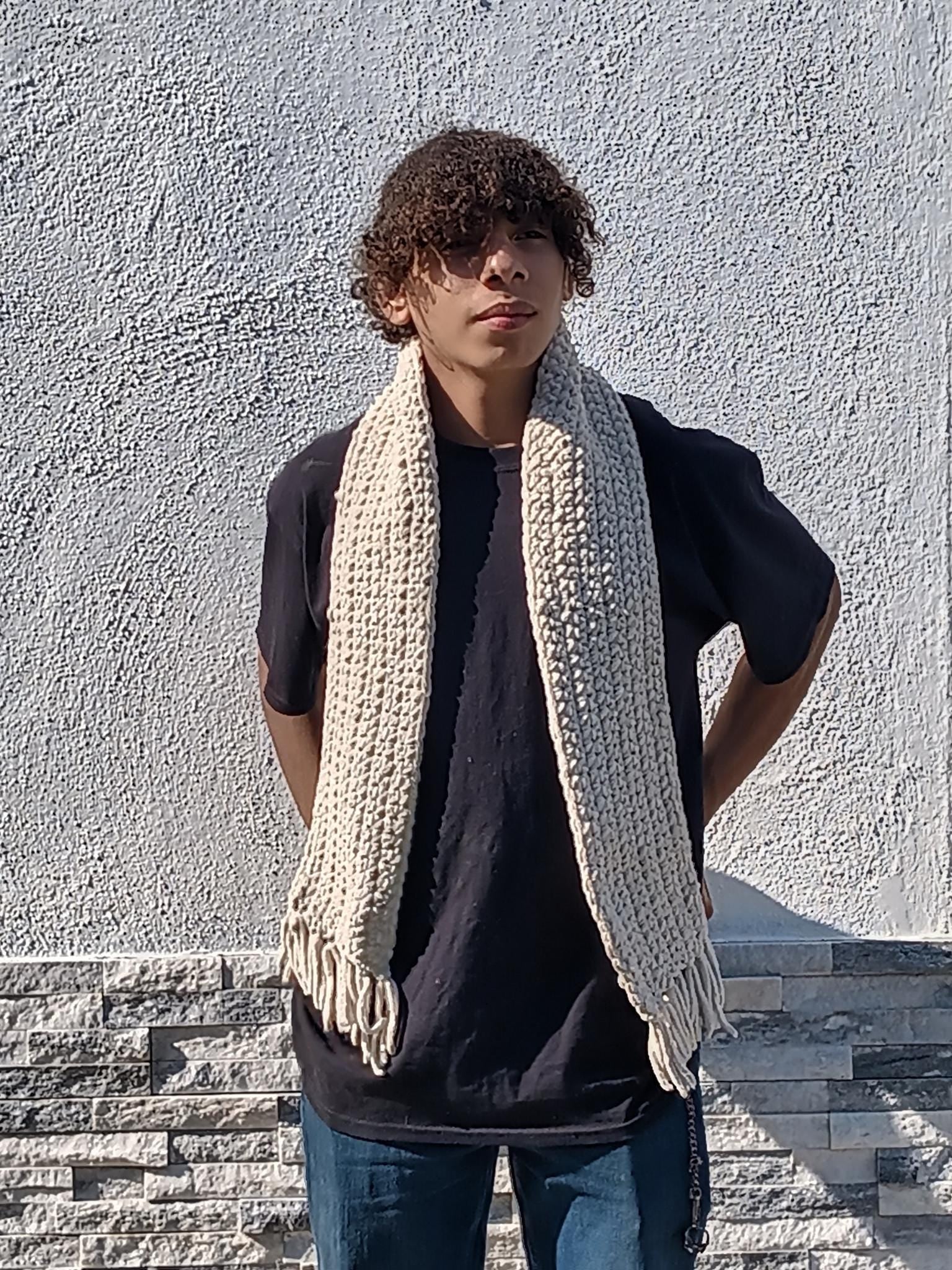Handmade Cream Chenille Scarf – Soft Cozy Winter Scarf for Men & Women, Crochet Fringe Wrap, Plush Warm Unisex Gift, Thick Knit Cold Weather