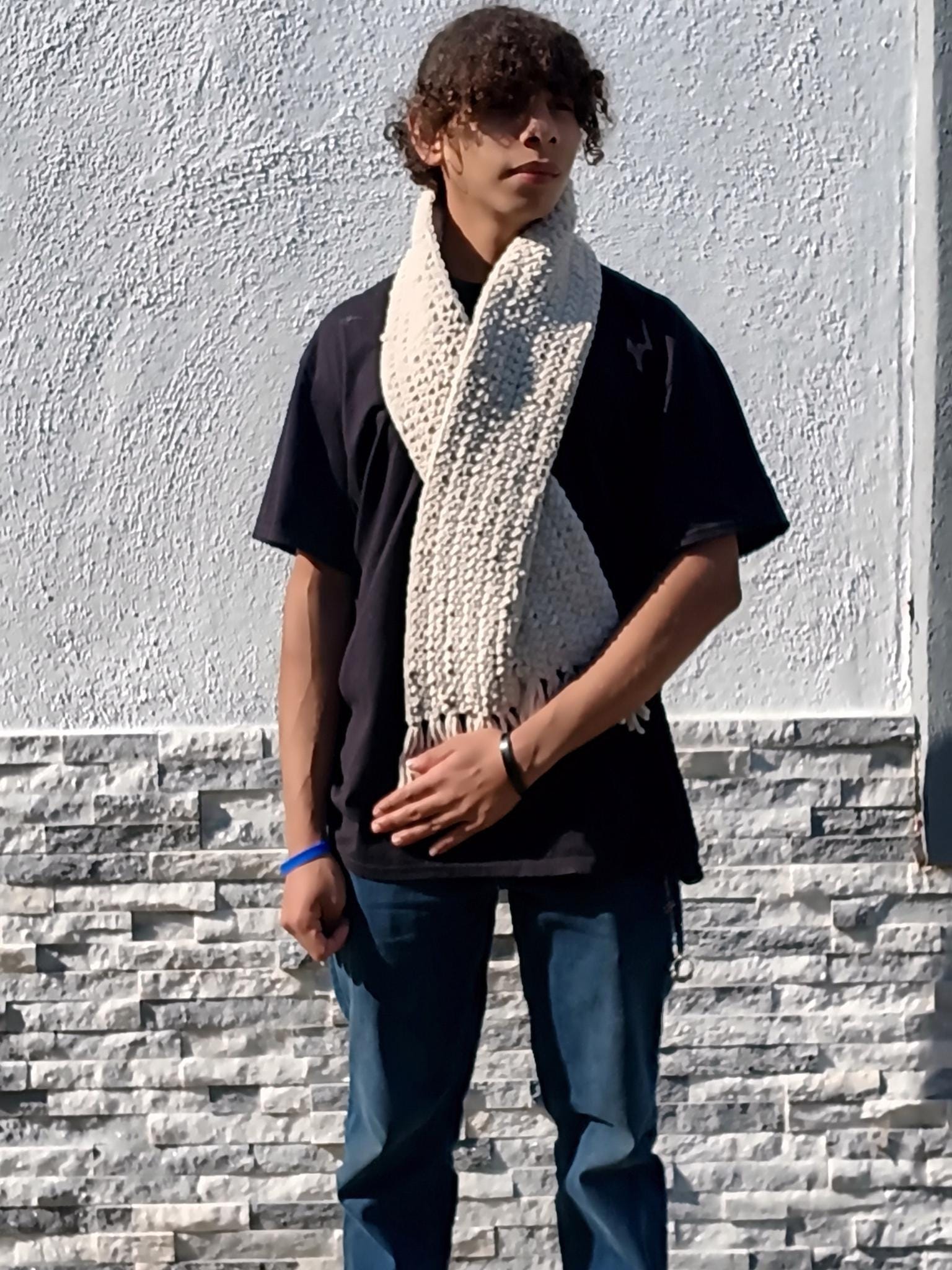 Handmade Cream Chenille Scarf – Soft Cozy Winter Scarf for Men & Women, Crochet Fringe Wrap, Plush Warm Unisex Gift, Thick Knit Cold Weather