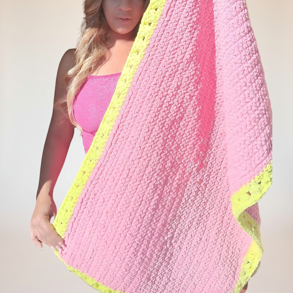 Baby Blanket - Handcrafted Chunky Plush Design Hot Pink and Lime Green