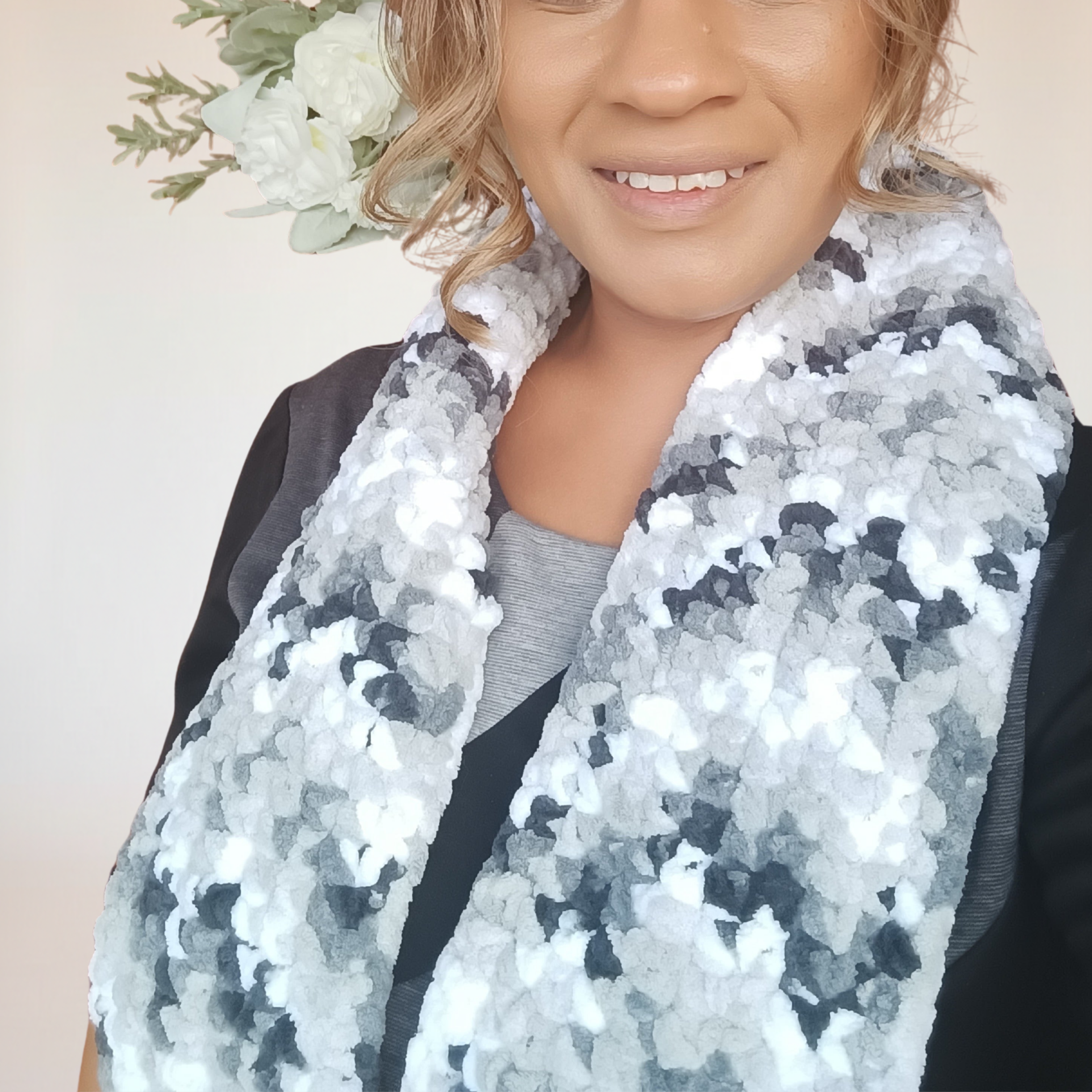 Winter Camo Chenille Scarf - Handmade Chunky Crochet Scarf