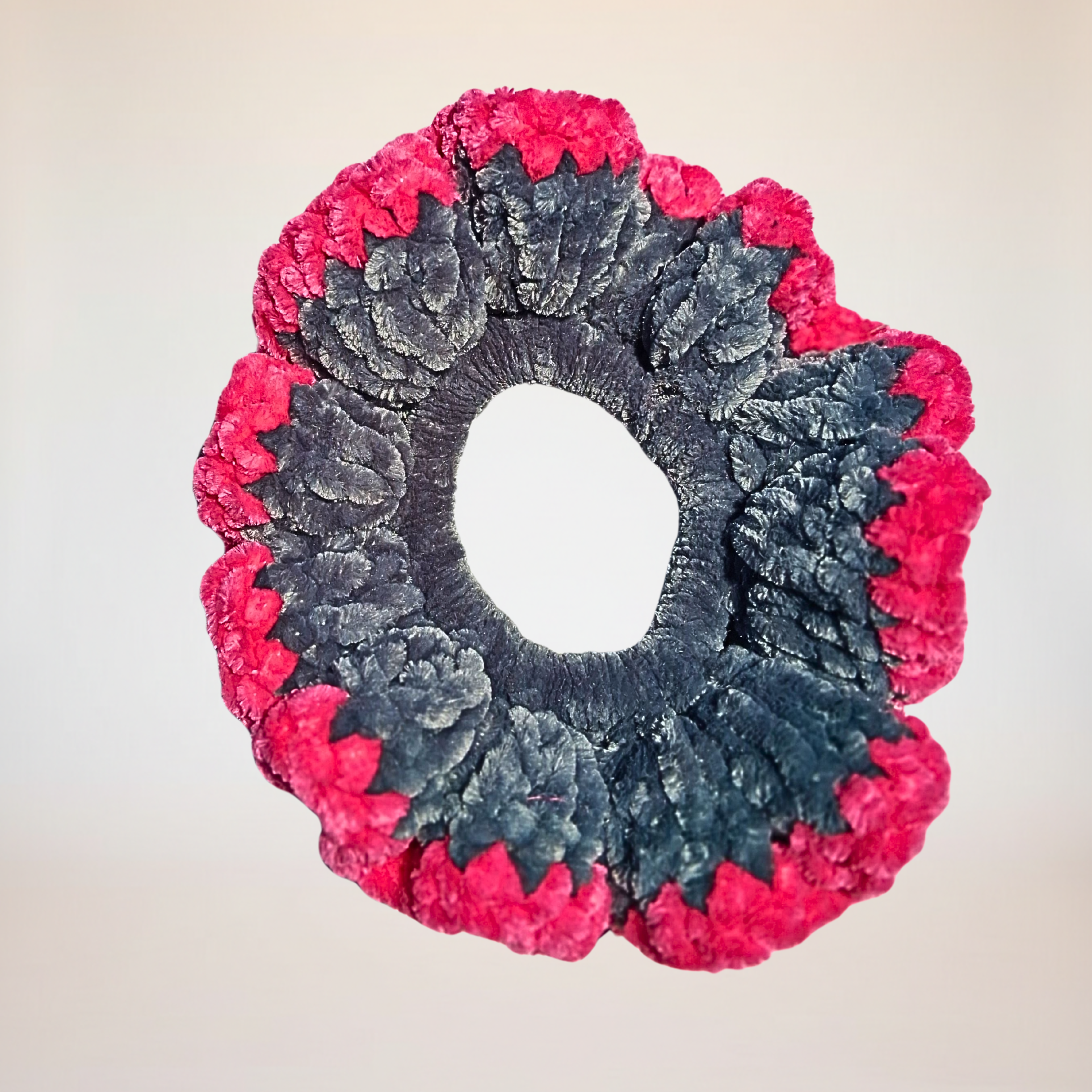 Charcoal Grey Velvet Scrunchie with Hot Pink Trim - Handmade Crochet Hair Tie