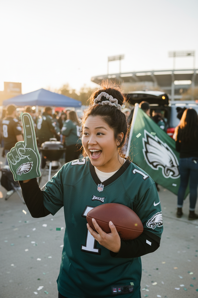 Asian mom at Eagles tailgate with football wearing scrunchie