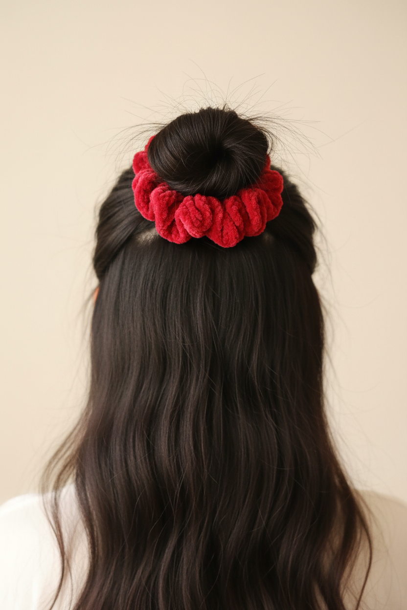 Asian woman with messy bun wearing cherry red velvet scrunchie