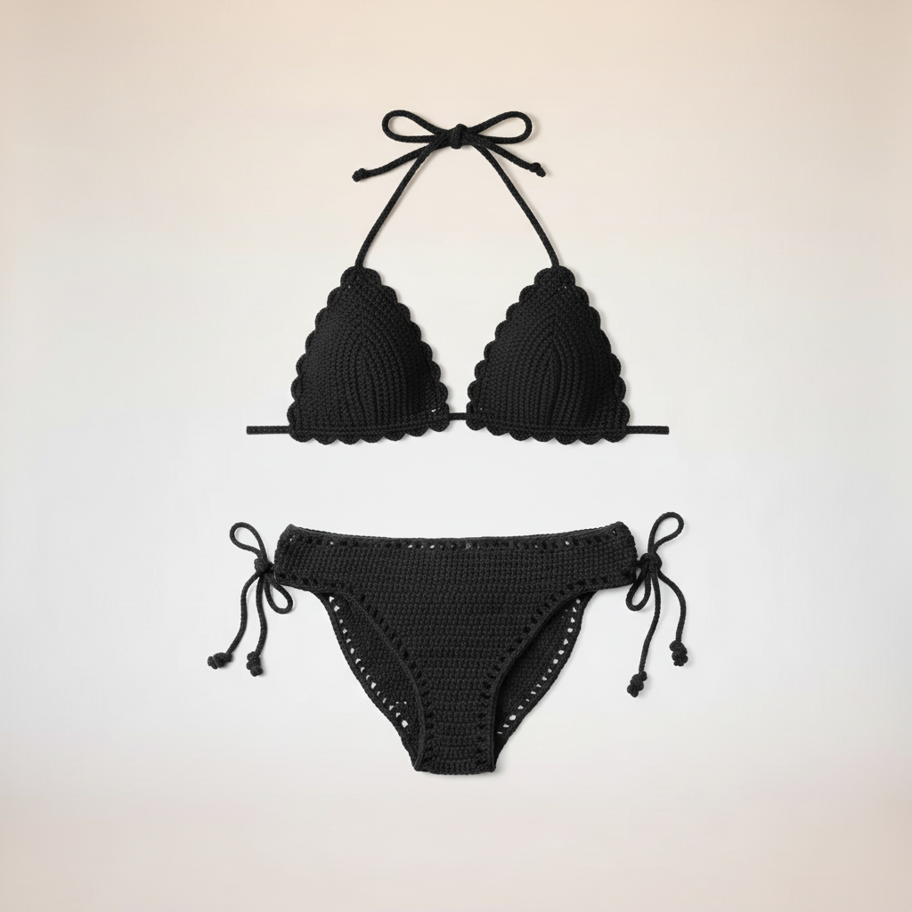 Black Crochet Bikini Set - Complete Flat Lay