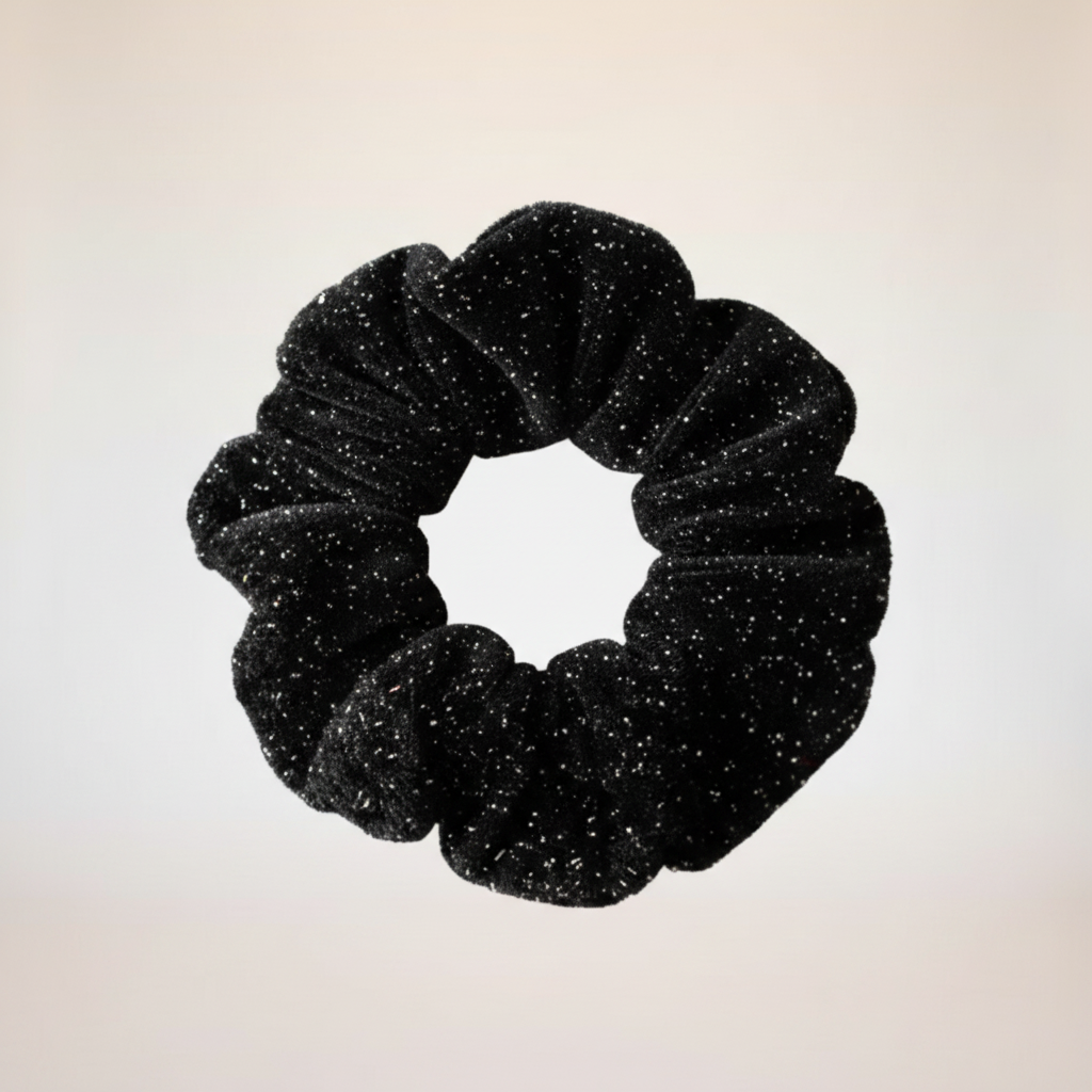 Black Sparkle Velvet Scrunchie - Close-up Detail