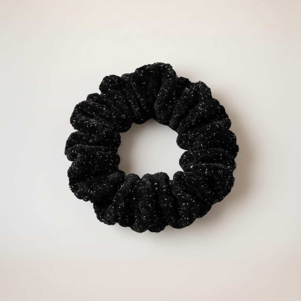Black Sparkle Velvet Scrunchie - Flat Lay