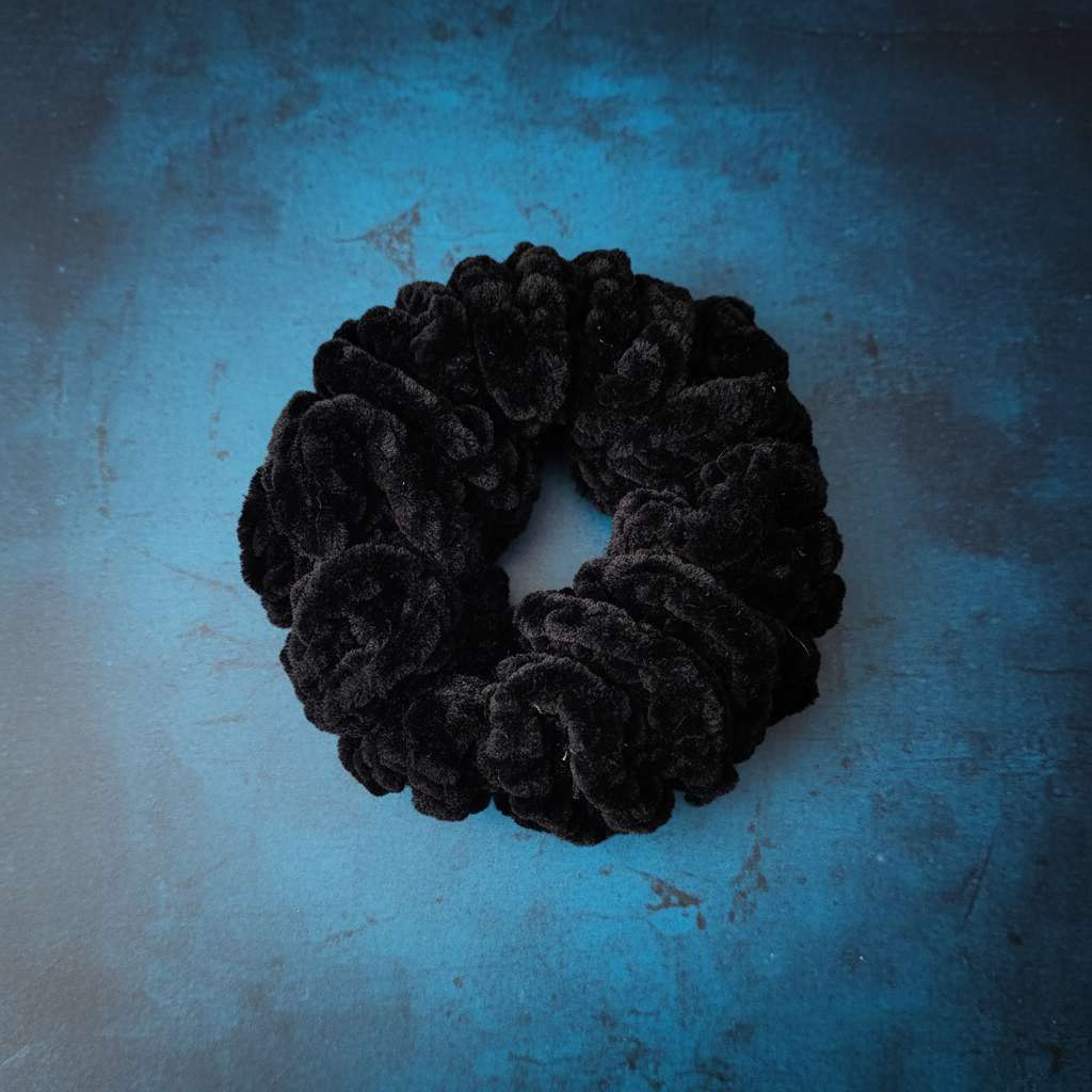 Black velvet scrunchie on patina blue background