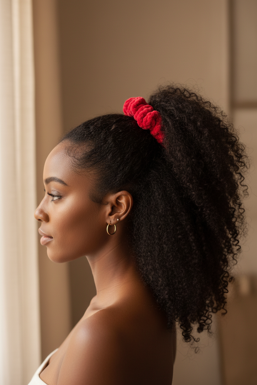 Black woman with ponytail wearing cherry red velvet scrunchie