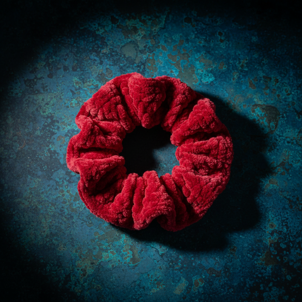 Bold cherry red velvet scrunchie on patina blue background