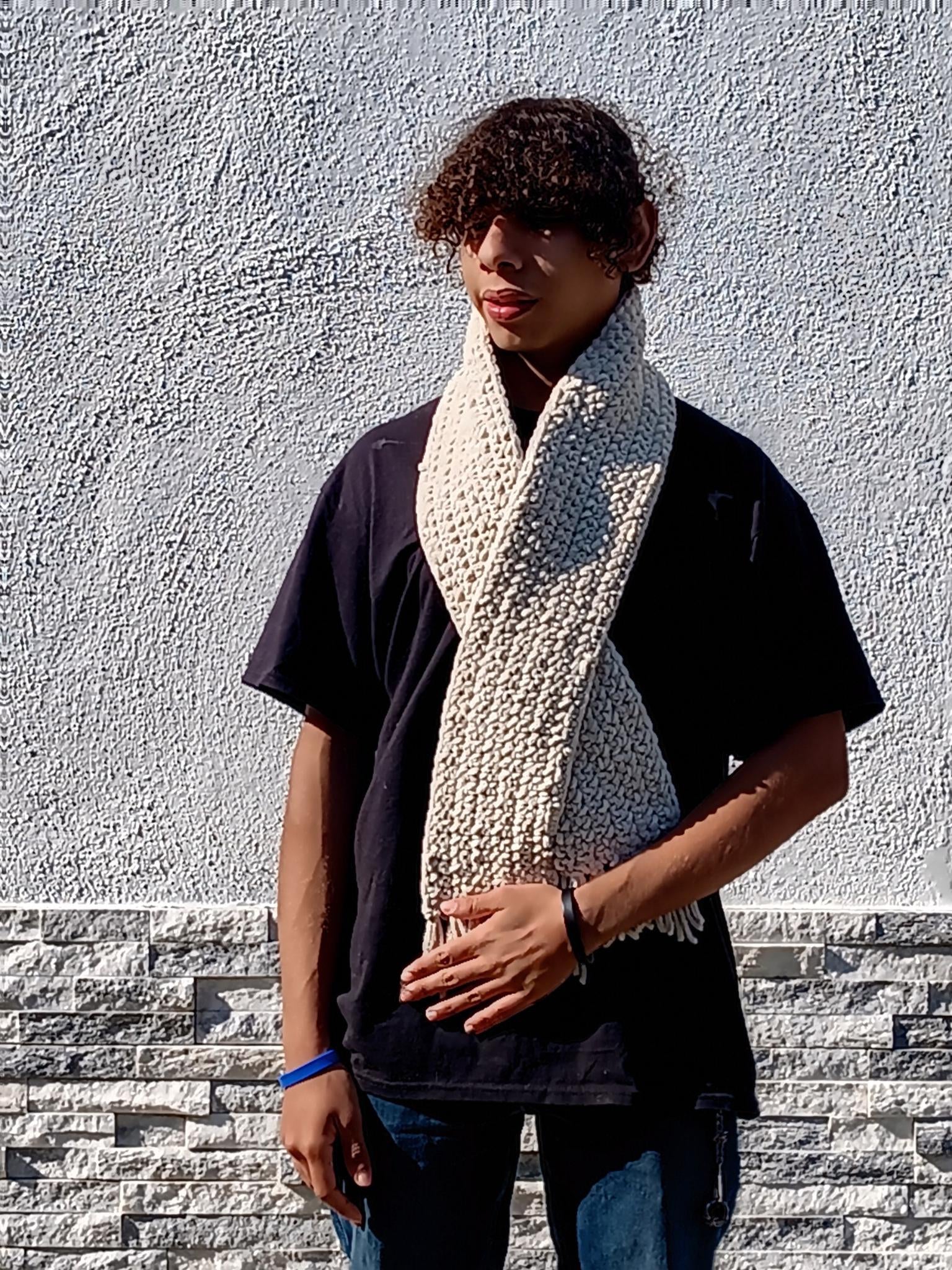 Handmade Cream Chenille Scarf – Soft Cozy Winter Scarf for Men & Women, Crochet Fringe Wrap, Plush Warm Unisex Gift, Thick Knit Cold Weather