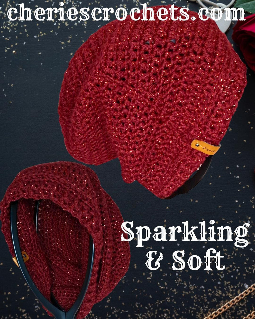 Shimmer Red Slouchy Beanie – Handmade Textured Winter Hat for Women or Men