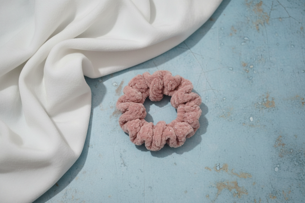 Desert rose scrunchie flat lay