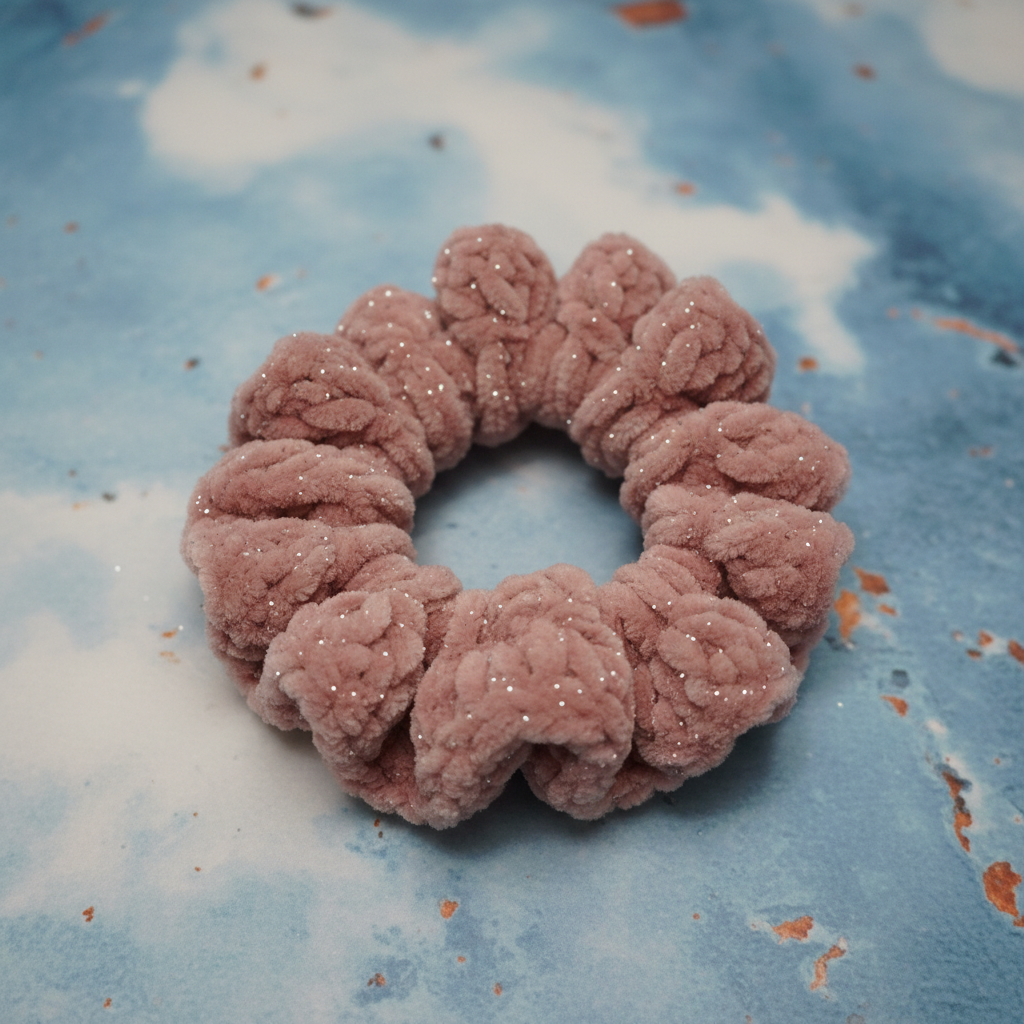 Desert rose scrunchie on patina blue background