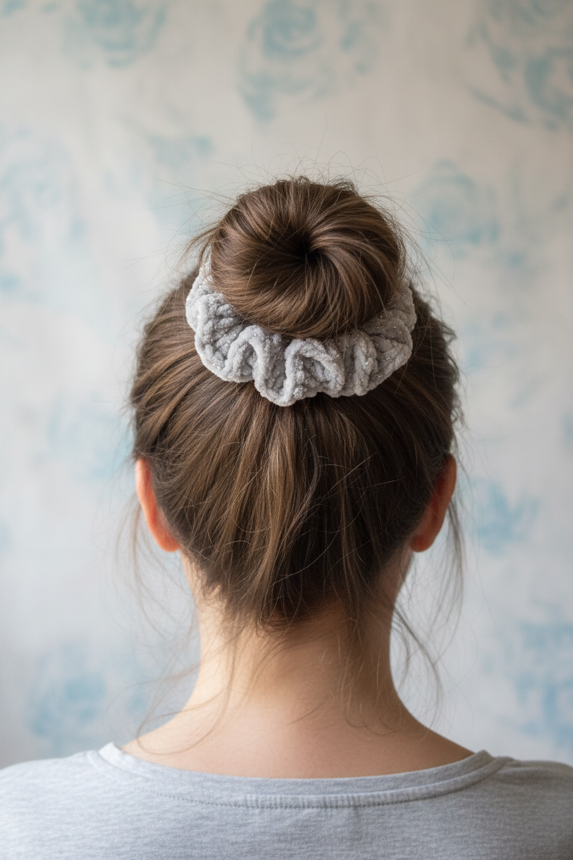 Grey sparkle scrunchie messy bun back view