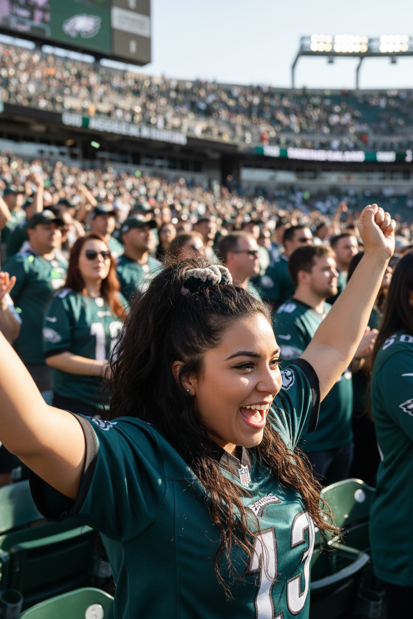 Hispanic woman cheering at Eagles game wearing scrunchie
