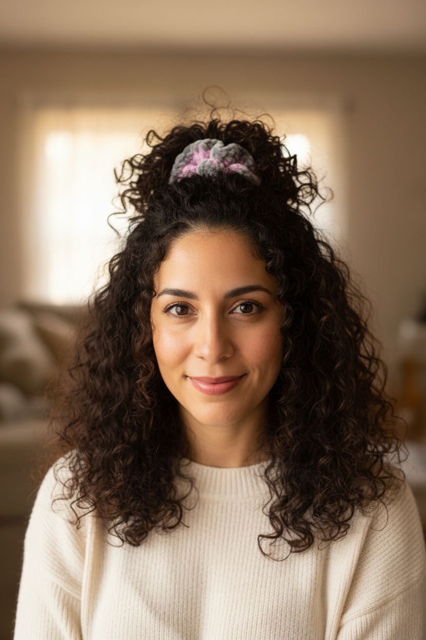 Hispanic woman with half-up hairstyle wearing lavender and grey scrunchie