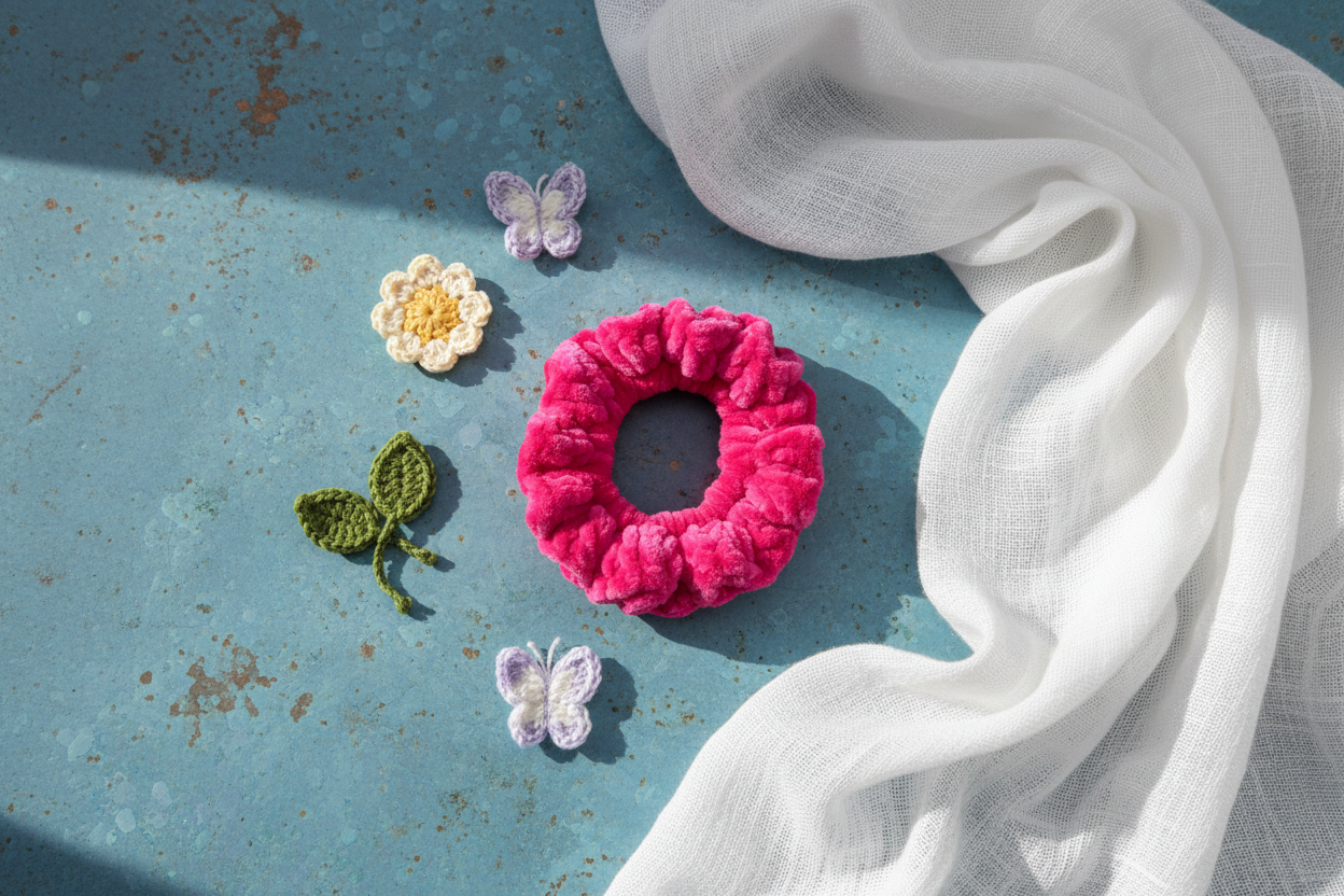 Hot pink scrunchie flat lay