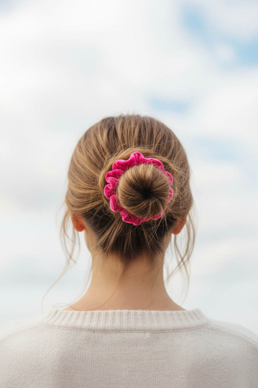 Hot pink scrunchie messy bun back view