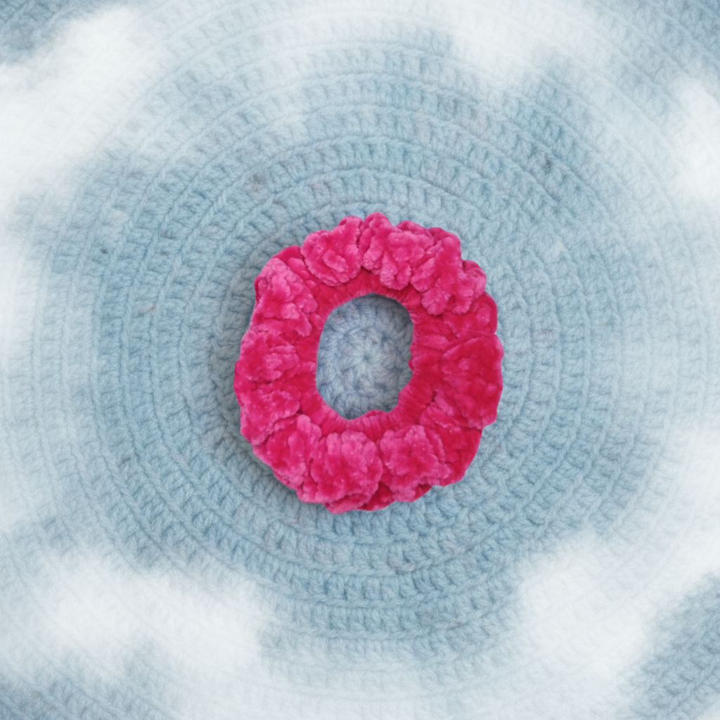 Hot pink scrunchie on patina blue background