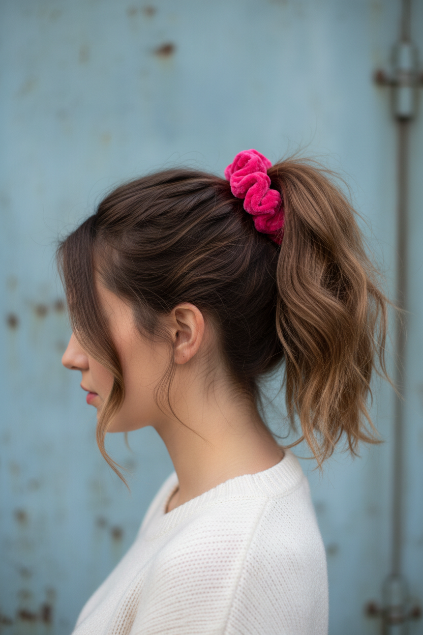 Hot pink scrunchie ponytail side view