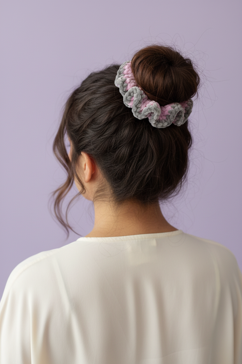 Hispanic woman with thick hair in messy bun wearing pink and grey scrunchie